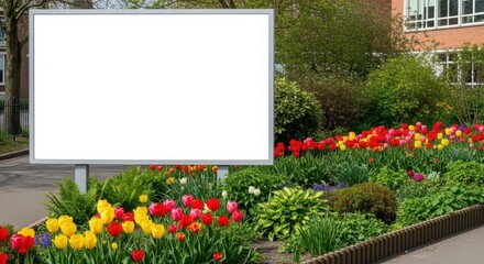 Blank billboard stands amidst a vibrant flowerbed with red, yellow, and orange tulips, set against a backdrop of green trees and a building.
