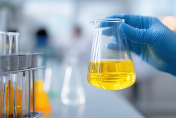 Scientist Holding Yellow Liquid in Flask During Experiment in Laboratory Setting