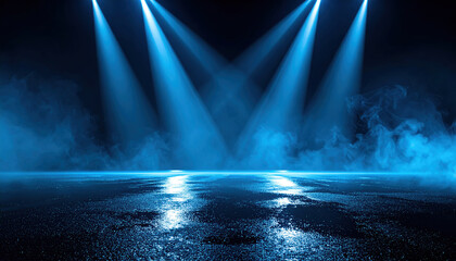 Dimly lit stage with blue spotlights creates dramatic atmosphere, casting reflections on wet floor. scene is enveloped in mysterious haze, enhancing theatrical ambiance