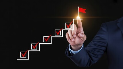A person's hand pointing at the flag on top of a staircase representing the goal