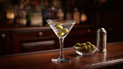Chilled cocktail garnished with stuffed olives rests upon a dark wooden bar surface