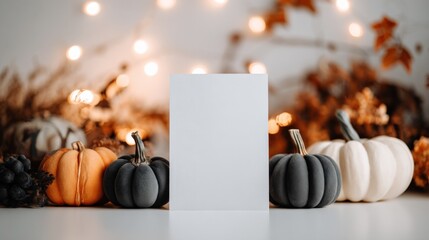 Autumn Mockup Featuring Pumpkins and Warm Bokeh Lights, Ideal for Seasonal Greetings and Festive Advertising