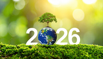Small tree grows atop globe representing Earth, set against numbers 2026 on lush, green mossy surface. background features bright, sunlit bokeh effect, symbolizing hope and sustainability