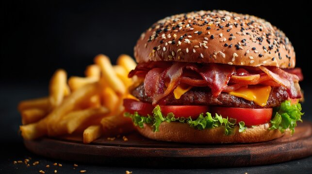 Gourmet bacon cheeseburger with a side of golden french fries rests on a dark wooden surface - Powered by Adobe