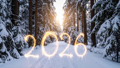 Snowy forest path is illuminated by warm glow of sparklers forming number 2026, creating festive and hopeful atmosphere