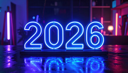 Neon blue numbers 2026 glow brightly in dimly lit room, creating futuristic and vibrant atmosphere. reflection on surface adds depth to scene