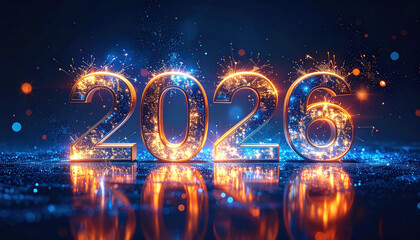 Vibrant and festive image of year 2026, with glowing numbers illuminated by sparkling lights and reflections, creating celebratory atmosphere