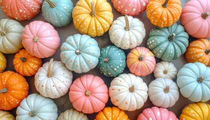 Colorful pumpkins pastel shades of pink, blue, yellow, and orange are arranged together, creating vibrant and festive display. Each pumpkin is uniquely decorated with polka dots, adding playful