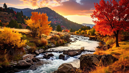 Serene autumn landscape with flowing river surrounded by vibrant red and yellow trees under colorful sunset sky. scene evokes sense of tranquility and natural beauty