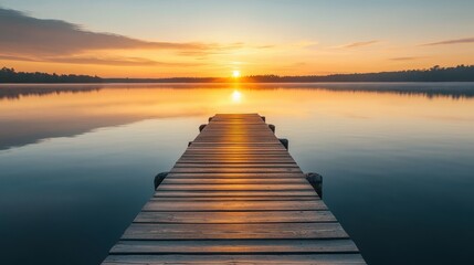 Serene wooden dock extending into calm lake during vibrant sunset sky