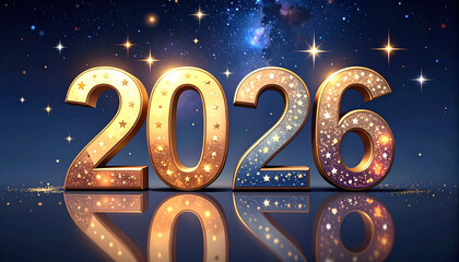 Glittering golden and blue numbers display 2026 against starry night sky, evoking festive and hopeful atmosphere for new year celebration
