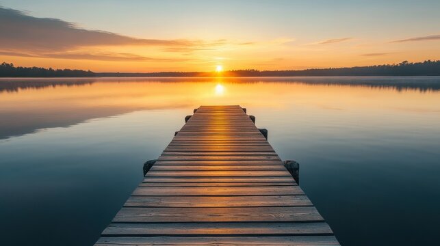 Serene wooden dock extending into calm lake during vibrant sunset sky - Powered by Adobe