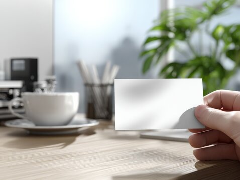 Hand Holding a Blank Business Card Mockup on a Wooden Desk with Office Supplies