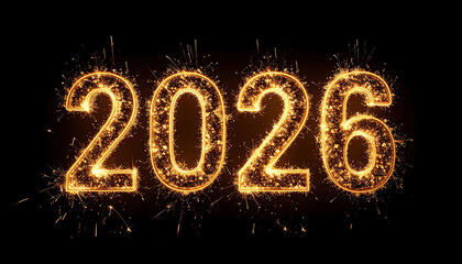 Glowing 2026 numbers with sparkling effects on black background create festive and celebratory atmosphere