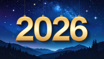 Golden 2026 numbers hang against starry night sky with mountainous landscape, evoking sense of celebration and anticipation for new year
