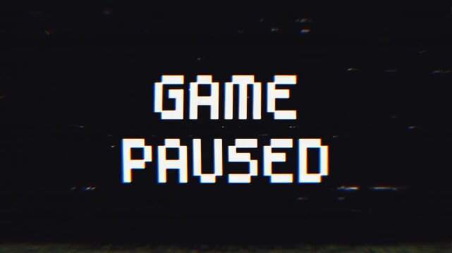 Retro pixel art GAME PAUSED message with vintage glitch effects, chromatic aberration, and static noise. Ideal for gaming intros, streams, or vintage tech themes.