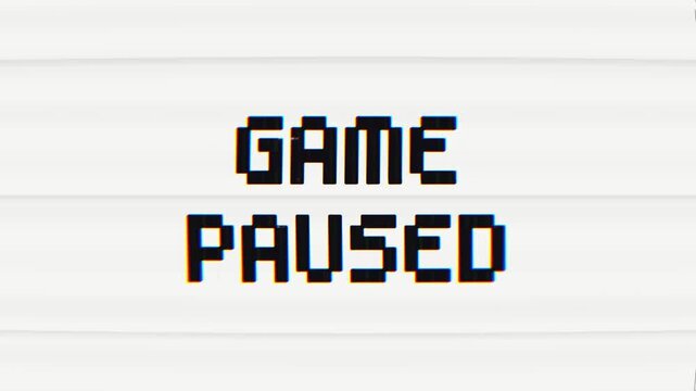 GAME PAUSED text in a retro pixel art style with a modern glitch effect. Ideal for gaming streams, intros, or nostalgic video projects.
