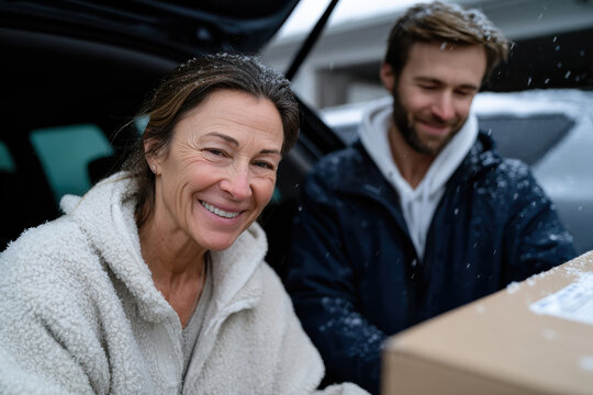 A woman and her friend smile as they unbox items at a festive outdoor market, encapsulating the joy of shopping and sharing experiences amidst a beautiful winter landscape.