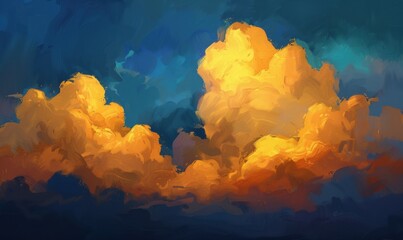 Abstract sky painting with golden clouds and dramatic blue background