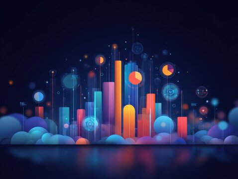 Abstract futuristic cityscape with data visualization, representing modern technology and digital communication, colorful and vibrant