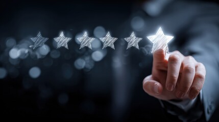 Customer Experience Concept: Hand Selecting Five Star Rating in Dark Blue Setting