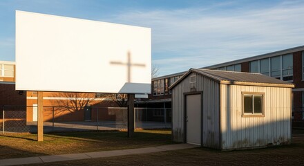 Obraz premium A large blank billboard casts a cross-shaped shadow on a sunny day near a small shed.