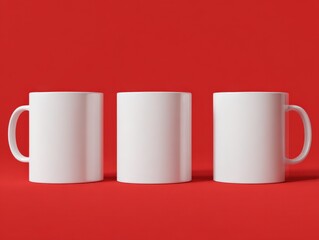 Three White Mugs on a Red Background, Perfect for Mockups and Product Presentations