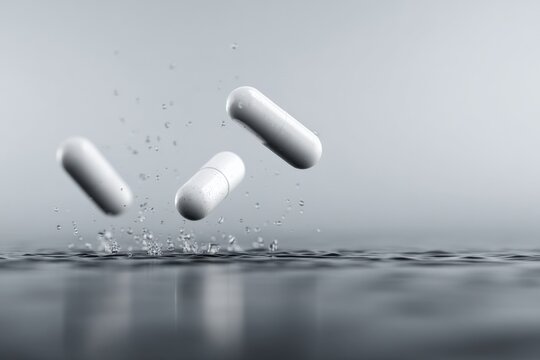 Pharmaceutical Capsules Falling into Water Creating Splash - White Pills for Health and Wellness - Powered by Adobe