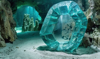 Abstract turquoise object undersea geological formation in cave system