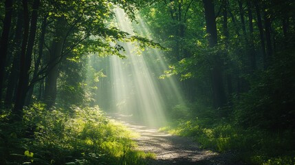 Obraz premium Sunlight Rays Filtering Through Lush Green Forest with Sunbeam Illumination on Pathway