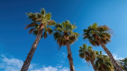 Naklejka premium Tall palm trees sway gently in the warm breeze under a clear blue sky creating a peaceful atmosphere. The sun shines brightly illuminating the scene.