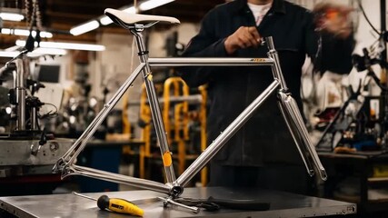 Medium shot of aluminum road bike frame being polished in workshop showcasing sleek aerodynamic design optimized for speed and urban commuting.