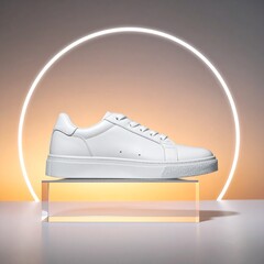 A white sneaker on a glass stand with neon circle