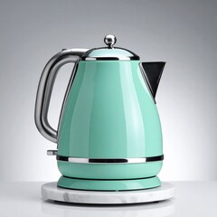 A mint green electric kettle on a marble coaster