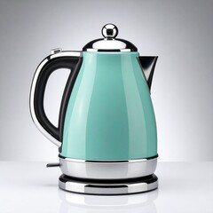 A turquoise kettle with chrome accents on a surface