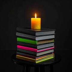 A candle burning on a stack of colorful books on stool