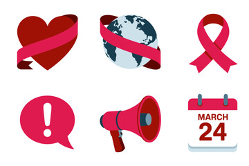 Colored outline vector icons for global health awareness, showing support ribbon, heart, world globe, calendar date, and public announcement.