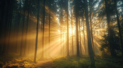 Sunlight Streaming Through a Misty Forest with Tall Trees and Green Underbrush