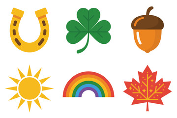 Simple outline vector icons for autumn elements, featuring horseshoe, clover, acorn, maple leaf, rainbow, and morning sun.