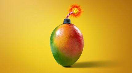 A mango bomb with a lit fuse on a yellow background