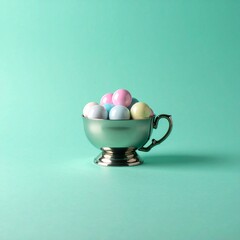 Pastel candies in a silver cup on a teal background