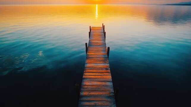 Serene wooden dock extending into calm water at sunset with vibrant orange and blue hues - Powered by Adobe