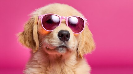 A playful golden retriever puppy wearing pink sunglasses sits confidently in front of a vibrant pink backdrop exuding charm and cuteness. The puppys fur is fluffy and soft.