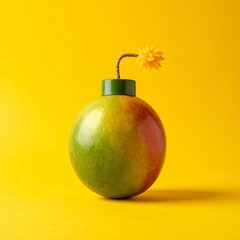 A mango bomb with a yellow background and green cap