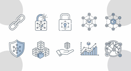 Fototapeta premium Blockchain Technology and Network Security Icons Set.