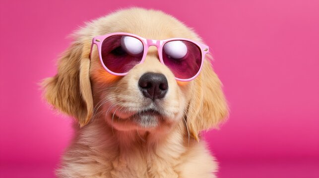 A playful golden retriever puppy wearing pink sunglasses sits confidently in front of a vibrant pink backdrop exuding charm and cuteness. The puppys fur is fluffy and soft.