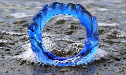 Blue glass ring in ocean water waves abstract artistic creative concept