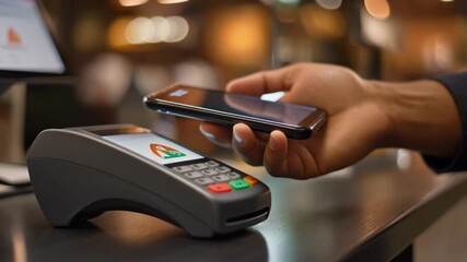 Close up of Hand Using Smartphone for Contactless Payment on Pos Terminal - Powered by Adobe