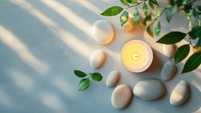 Relaxing scene with lit candle, smooth stones, and green foliage on light background