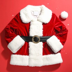 A santa claus jacket on a red surface flat lay shot